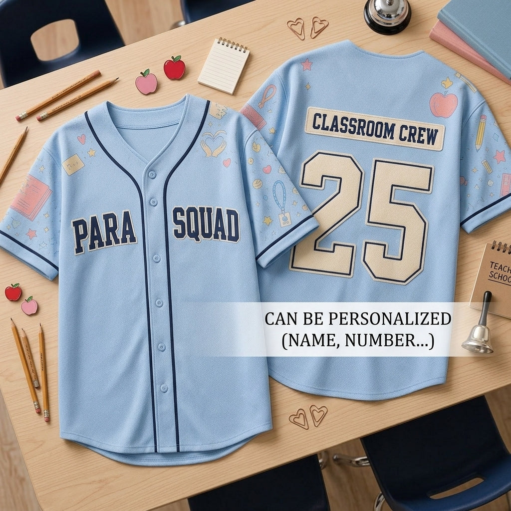 Personalized Para Squad Baseball Jersey - Custom Classroom Crew School Staff Shirt - Light Blue Teacher Spirit Wear