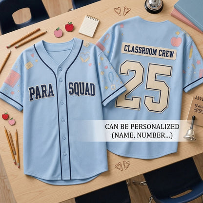 Personalized Para Squad Baseball Jersey - Custom Classroom Crew School Staff Shirt - Light Blue Teacher Spirit Wear