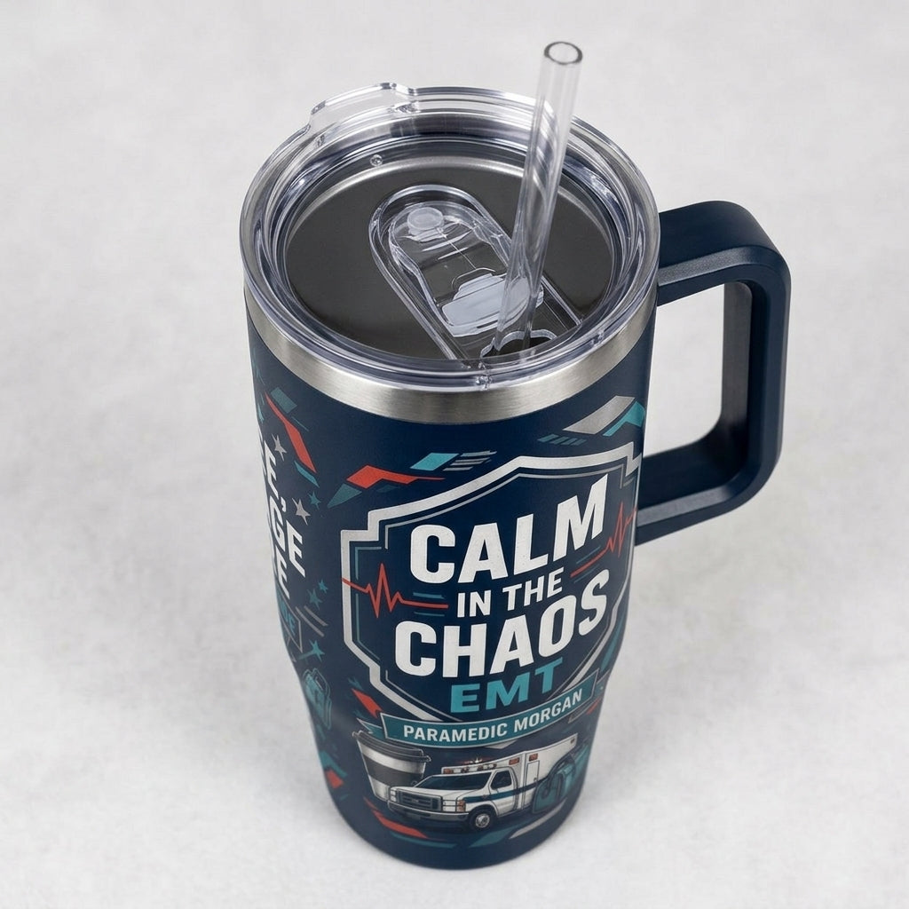 Personalized Paramedic 40oz Tumbler with Handle - Custom Name EMT Gift, Calm in the Chaos First Responder Cup