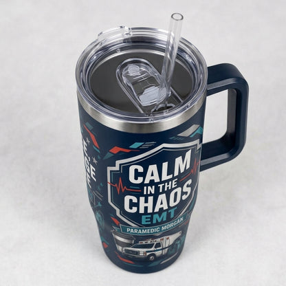 Personalized Paramedic 40oz Tumbler with Handle - Custom Name EMT Gift, Calm in the Chaos First Responder Cup
