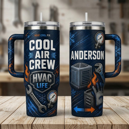 Personalized HVAC Technician 40oz Tumbler with Handle - Custom Name Cool Air Crew HVAC Life Gift - 40oz tumbler mockup 2