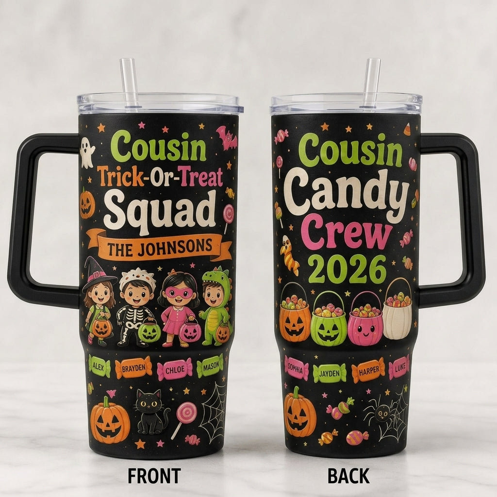Personalized Cousin Trick-Or-Treat Squad 40oz Tumbler with Handle, Custom Family Name Halloween Gift