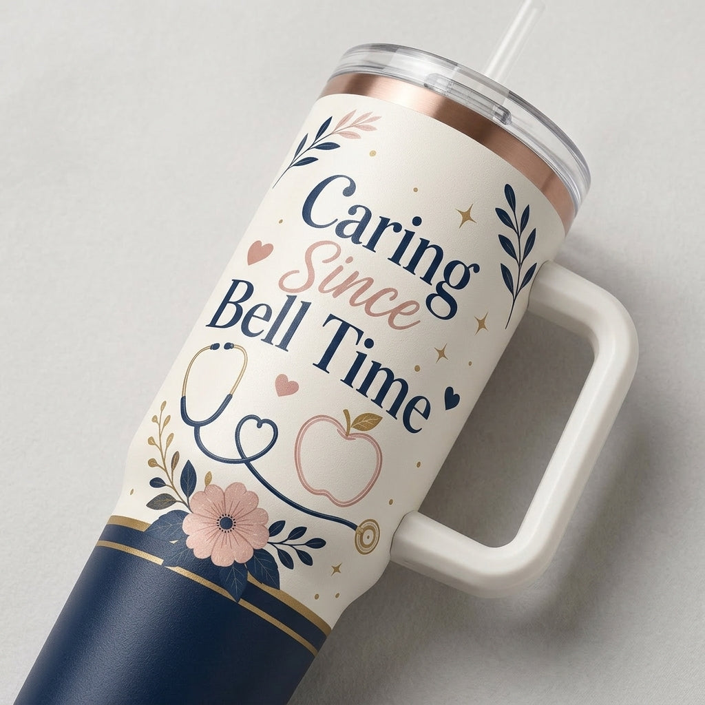 Personalized Nurse 40oz Tumbler with Handle - Custom Name Healthcare Gift - Caring Since Bell Time