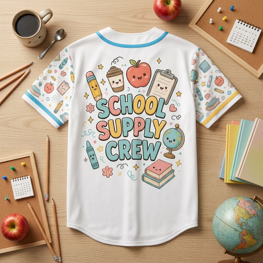 Personalized School Supply Crew Baseball Jersey - Cute Kawaii Teacher Appreciation Gift - Custom Back to School Apparel