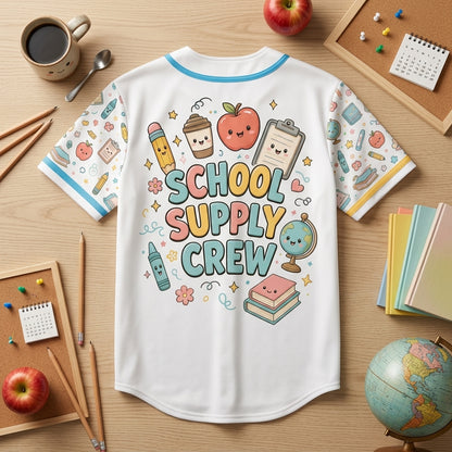 Personalized School Supply Crew Baseball Jersey - Cute Kawaii Teacher Appreciation Gift - Custom Back to School Apparel