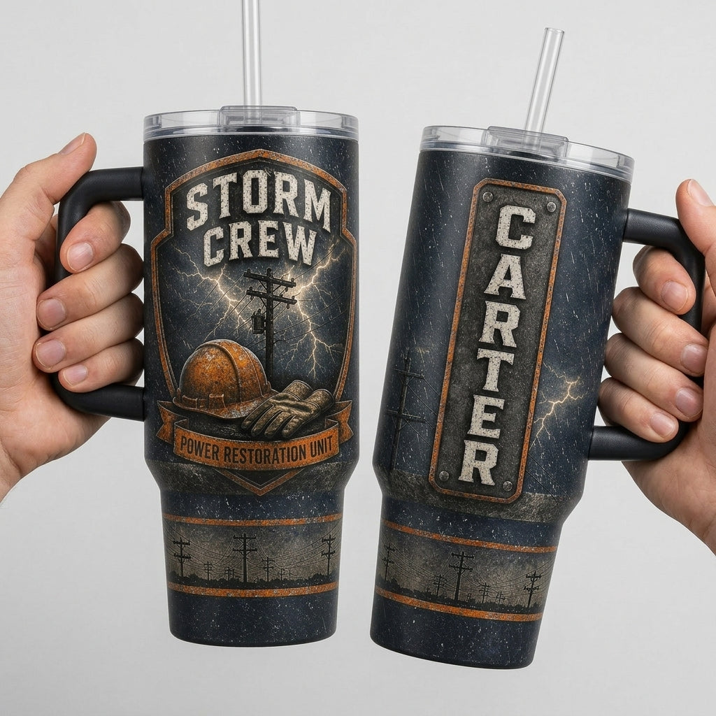 Personalized Storm Crew Lineman 40oz Tumbler with Handle, Custom Name Power Restoration Unit Gift product view 4