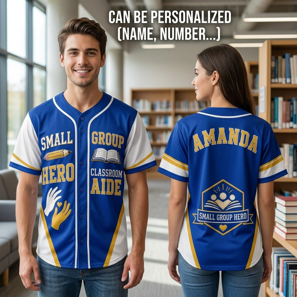 Personalized Small Group Hero Classroom Aide Baseball Jersey - Custom Teacher Appreciation Apparel