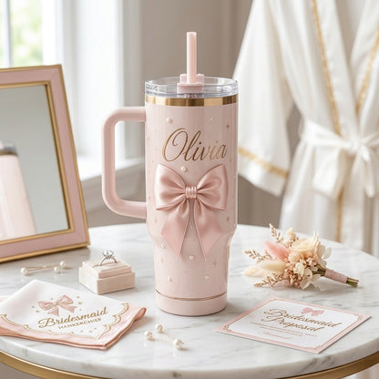 Personalized Coquette Pink Bow 40oz Tumbler with Handle - Custom Bridesmaid Name Gift