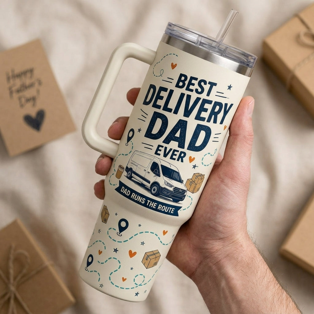Personalized Best Delivery Dad Ever 40oz Tumbler with Handle - Custom Name Route Hero Gift