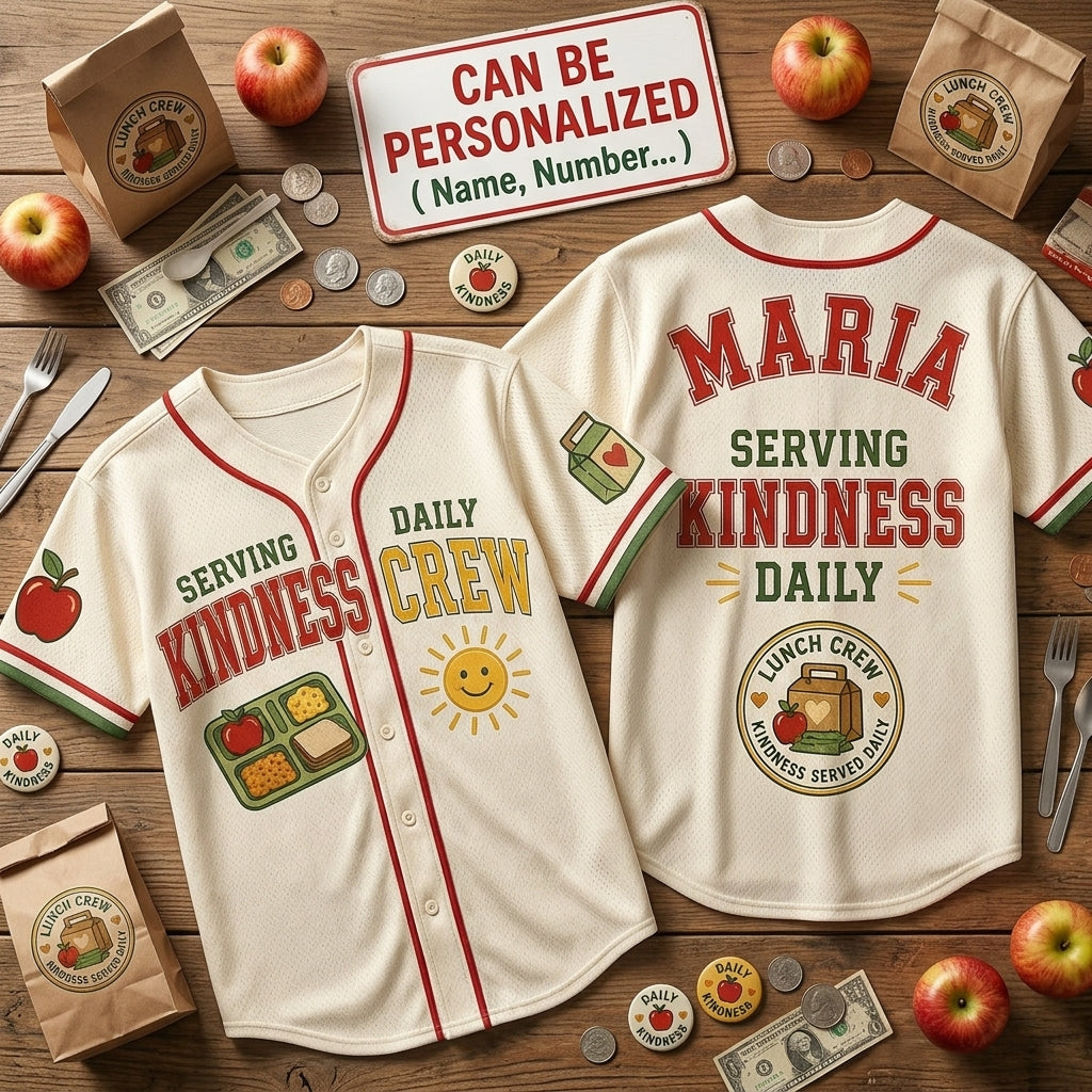 Personalized Lunch Crew Serving Kindness Daily Baseball Jersey - Custom Name Cafeteria Staff Gift