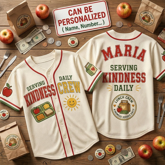 Personalized Lunch Crew Serving Kindness Daily Baseball Jersey - Custom Name Cafeteria Staff Gift