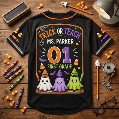 Personalized Trick or Teach Teacher Baseball Jersey - Custom Name & Grade Halloween Ghost Crayon Jersey