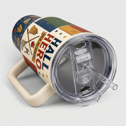Personalized Hall Hero 40oz Tumbler with Handle, Custom Name School Custodian and Staff Gift