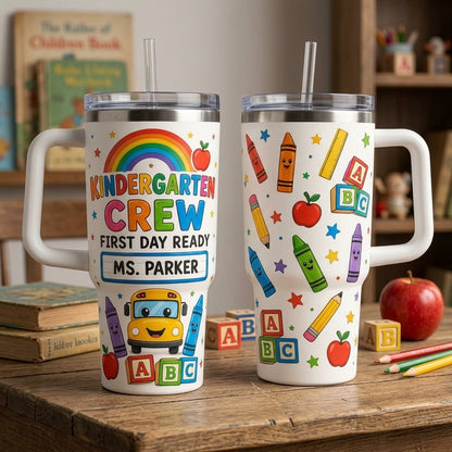 Personalized Kindergarten Crew 40oz Tumbler with Handle - Custom Name Teacher Back to School Gift