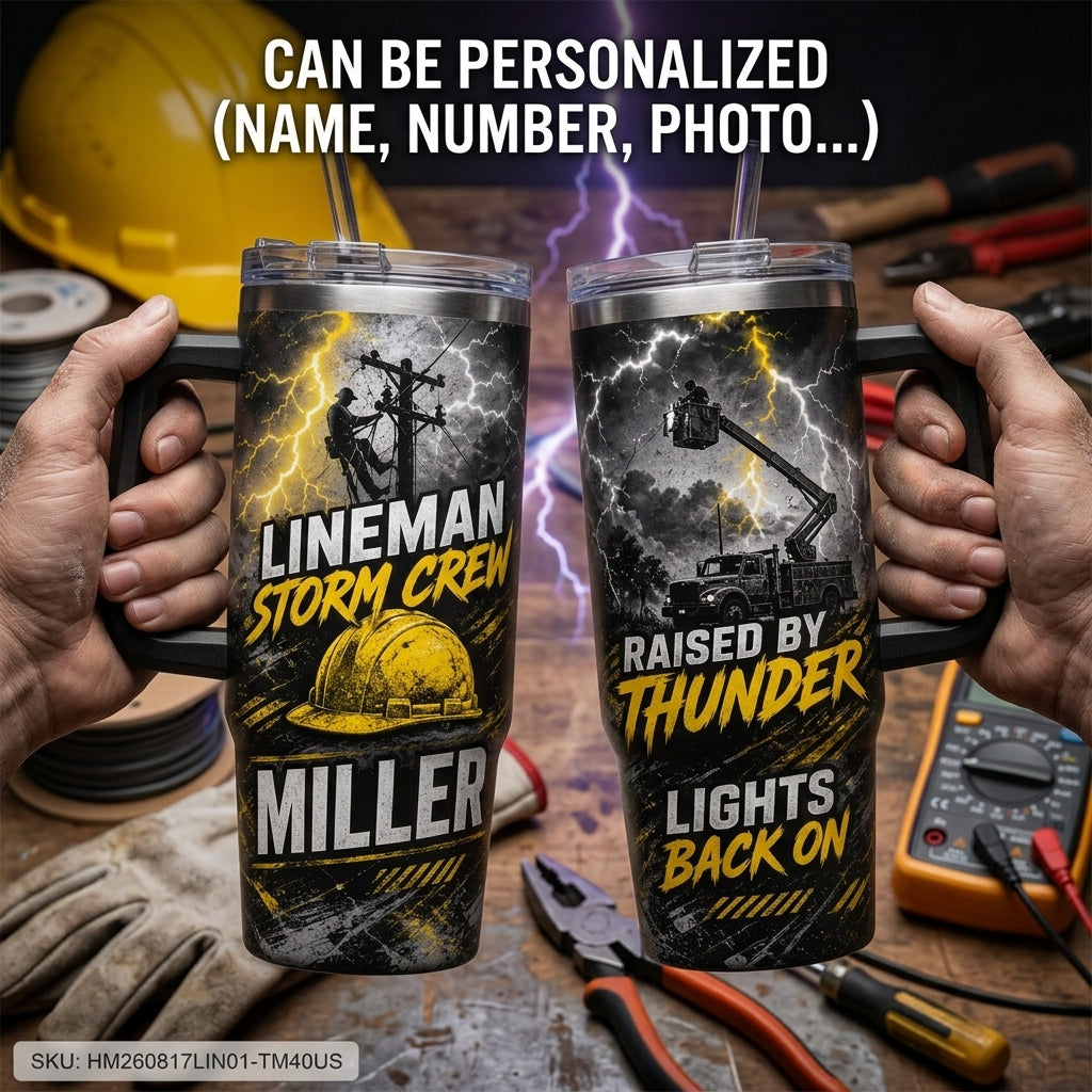 Personalized Lineman Storm Crew 40oz Tumbler with Handle - Custom Name Electrician Gift