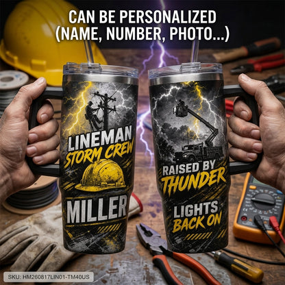 Personalized Lineman Storm Crew 40oz Tumbler with Handle - Custom Name Electrician Gift