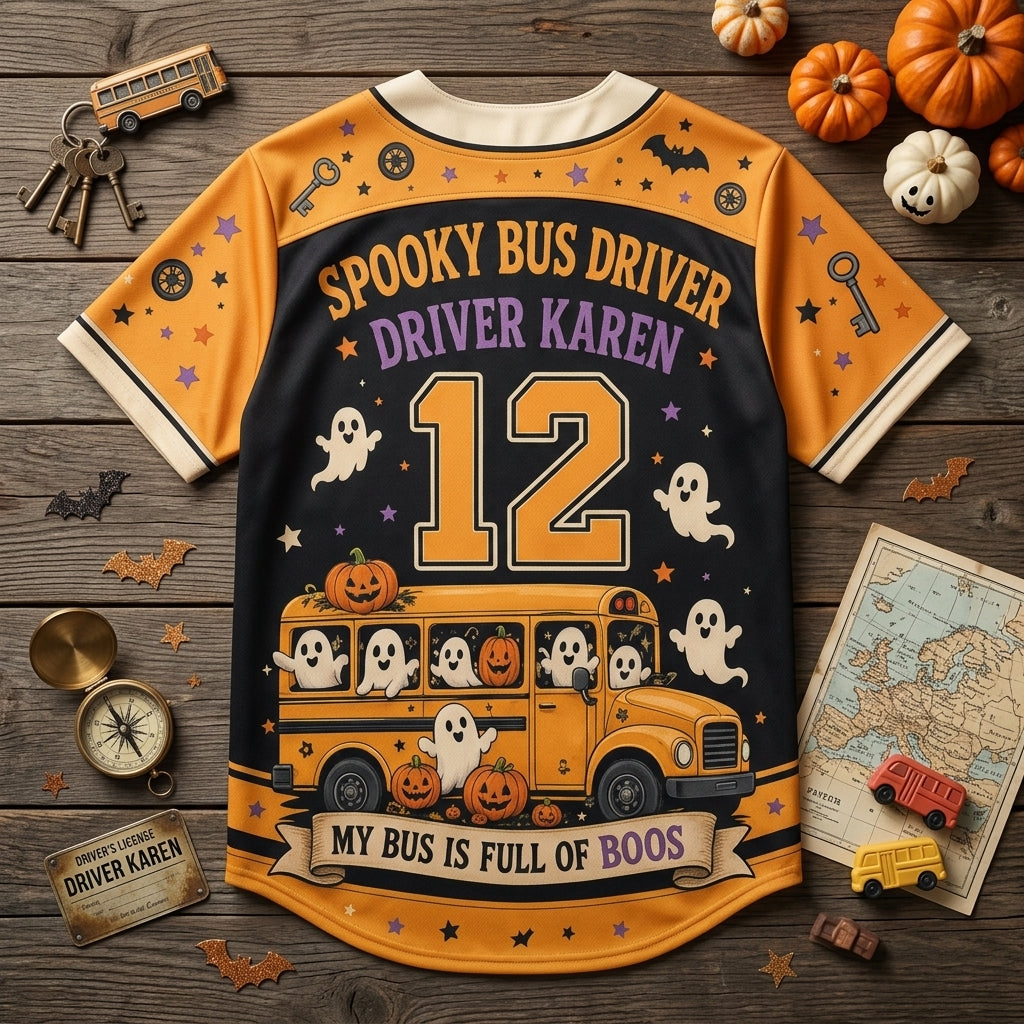 Personalized Spooky Bus Driver Halloween Baseball Jersey - Custom Name & Number My Bus Is Full Of Boos Graphic Shirt