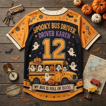 Personalized Spooky Bus Driver Halloween Baseball Jersey - Custom Name & Number My Bus Is Full Of Boos Graphic Shirt