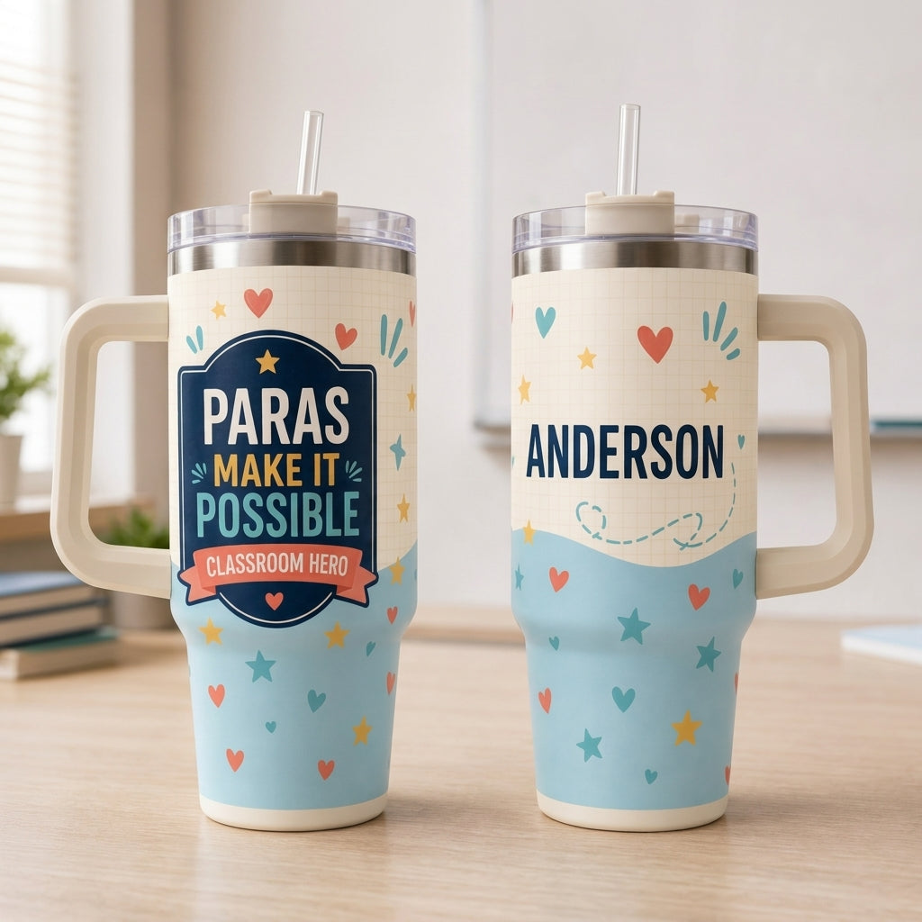 Personalized Paras Make It Possible 40oz Tumbler with Handle, Custom Teacher Assistant Classroom Hero Gift - 40oz tumbler mockup 2