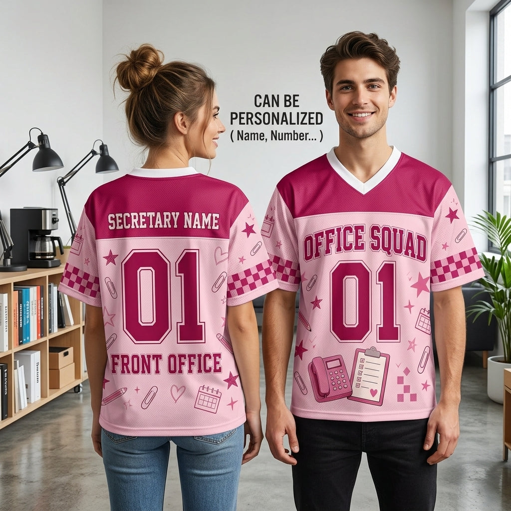 Personalized Office Squad Mesh Football Jersey - Custom Name & Number Pink Front Office Shirt