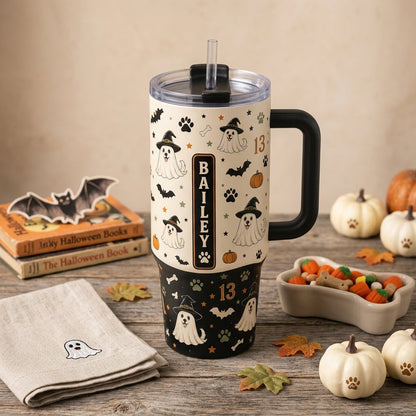 Personalized Dog Mom Boo Crew Halloween 40oz Tumbler with Handle - Custom Ghost Dog Name Travel Mug