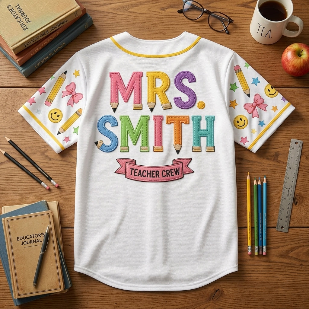 Personalized Teacher Crew Baseball Jersey - Custom Name Pencil Design School Spirit Shirt