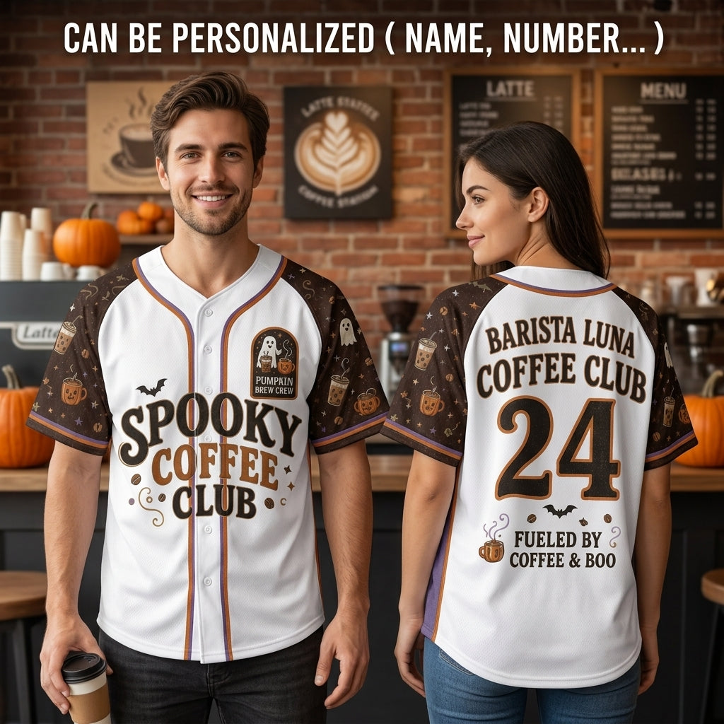 Personalized Spooky Coffee Club Baseball Jersey - Custom Name & Number Halloween Gift for Coffee Lovers & Baristas