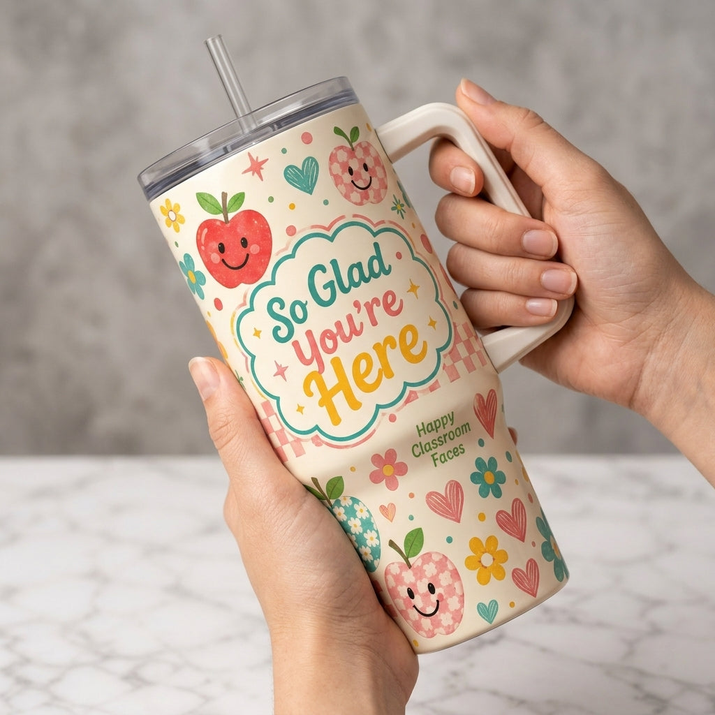 Personalized Teacher Tumbler 40oz with Handle - So Glad You're Here Custom Name Apple Gift