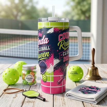 Personalized Pickleball Queen 40oz Tumbler with Handle - Custom Name Court Ready Club Stainless Steel Mug