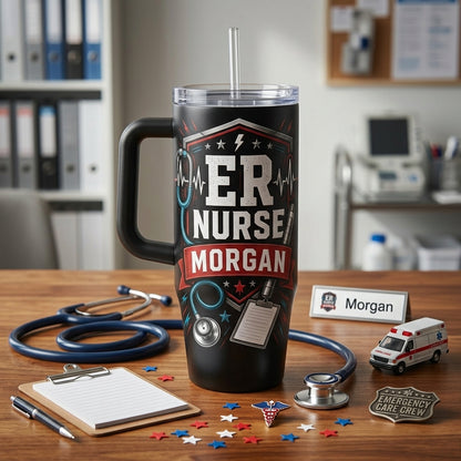 Personalized ER Nurse 40oz Tumbler with Handle - Custom Name Calm in the Chaos Medical Gift