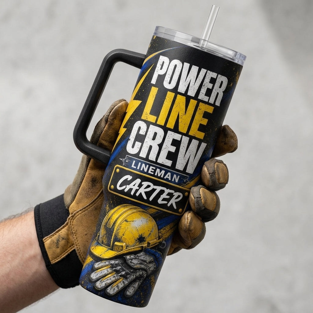 Personalized Power Line Crew Lineman 40oz Tumbler with Handle, Custom Name Gift for Electrician