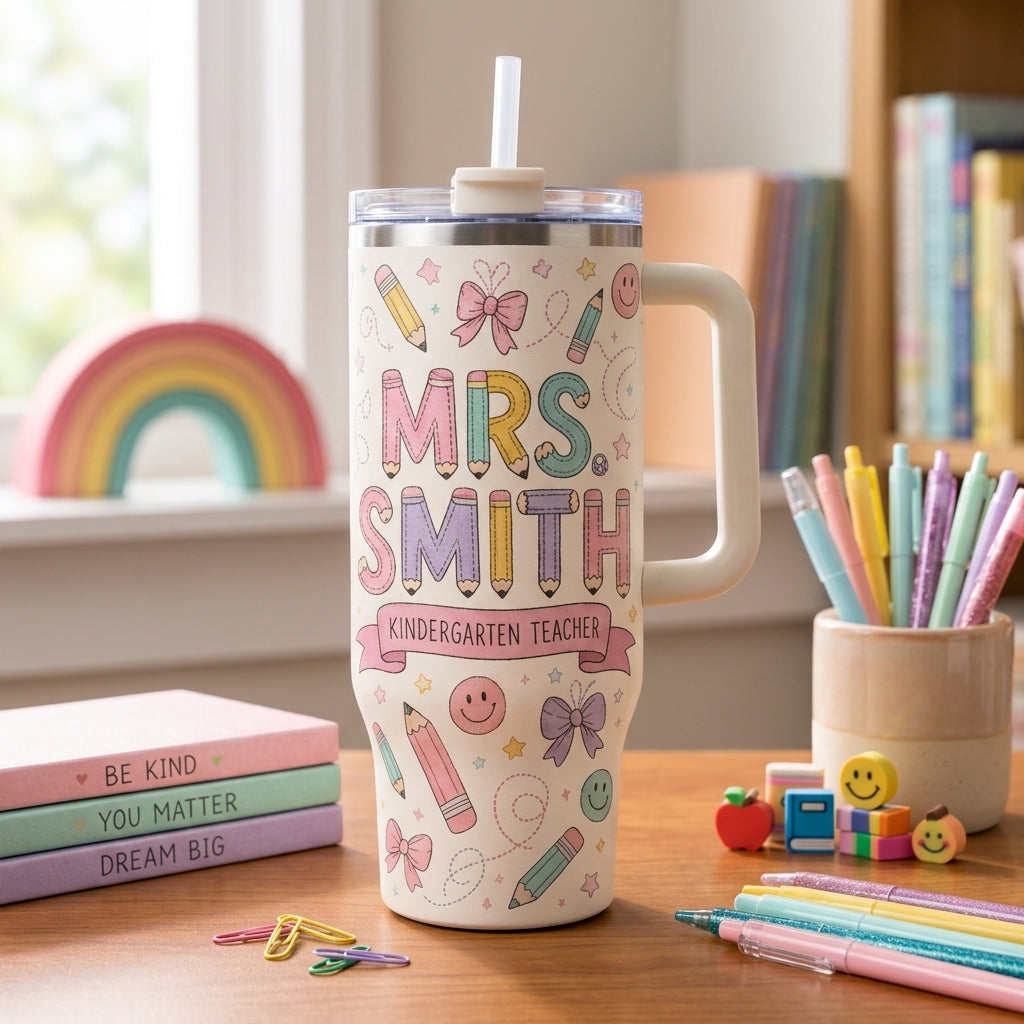 Personalized Teacher 40oz Tumbler with Handle - Custom Name & Grade School Doodle Gift