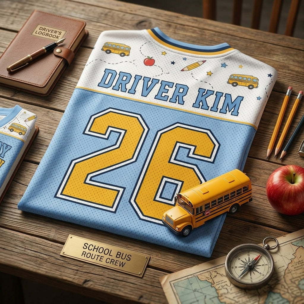 Personalized School Bus Driver Football Jersey - Custom Name & Number First Day Route Crew Mesh Shirt