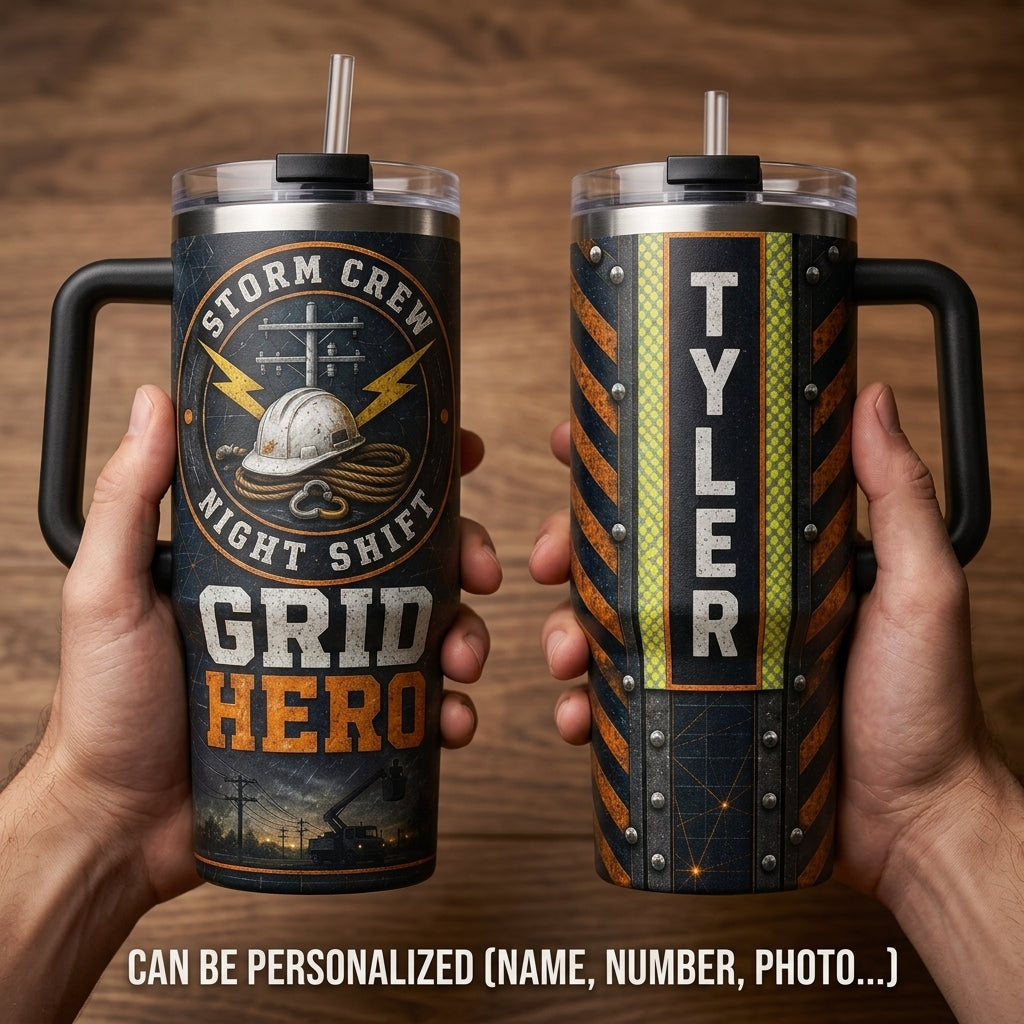 Personalized Lineman 40oz Tumbler with Handle - Storm Crew Grid Hero Gift for Utility Workers & Night Shift Crews
