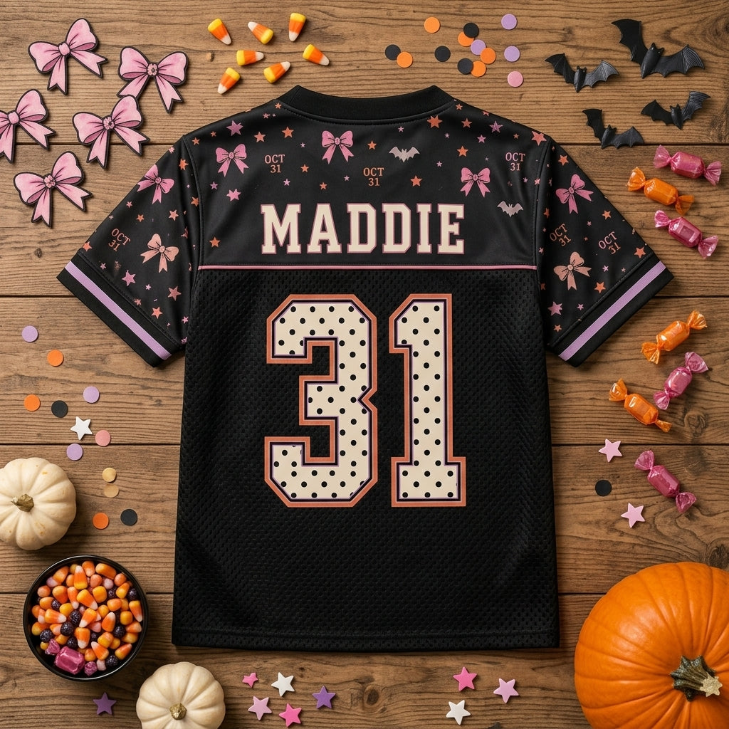 Personalized Spooky Season Halloween Football Jersey - Custom Name & Number Coquette Ghost Pink Bow Mesh Jersey
