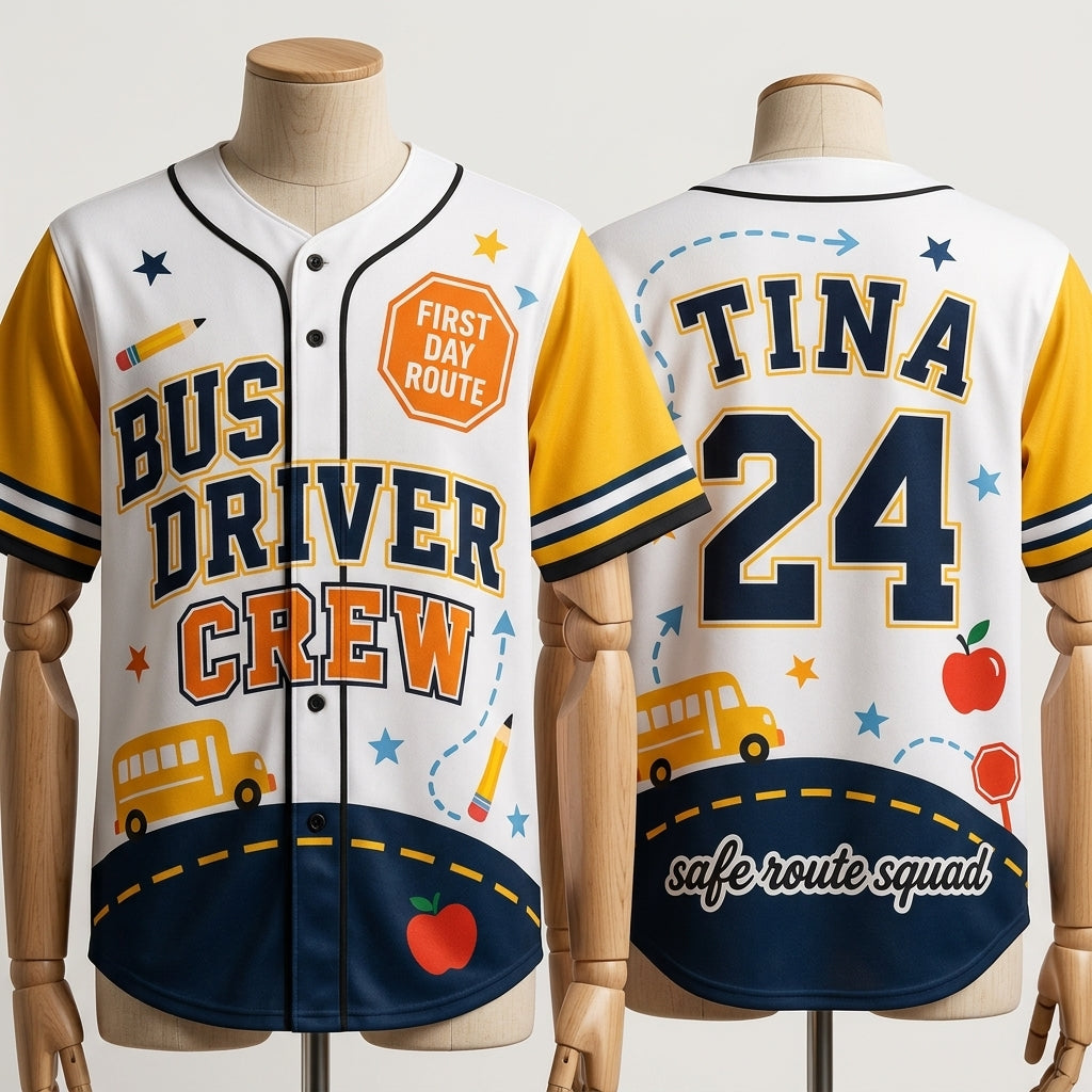 Personalized School Bus Driver Crew Baseball Jersey - Custom Name and Number Gift for Bus Drivers