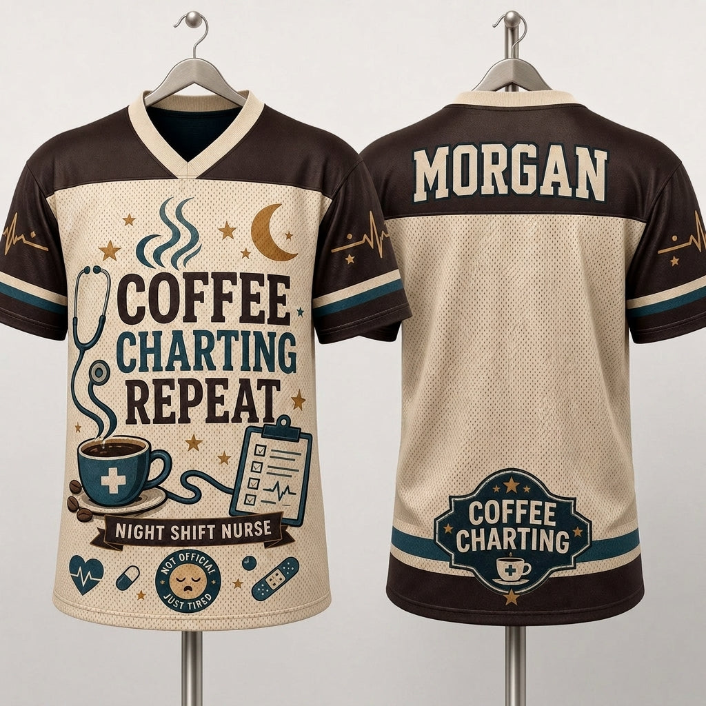 Personalized Coffee Charting Repeat Night Shift Nurse Football Jersey - Custom Name Mesh Mesh Athletic Shirt