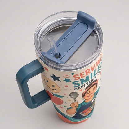 Personalized Serving Smiles Cafeteria Crew 40oz Tumbler with Handle - Custom Name Lunch Lady Gift