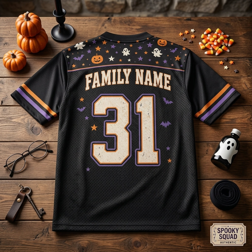 Personalized Spooky Squad Halloween Football Jersey - Custom Family Name and Number All-Over Print Mesh Jersey