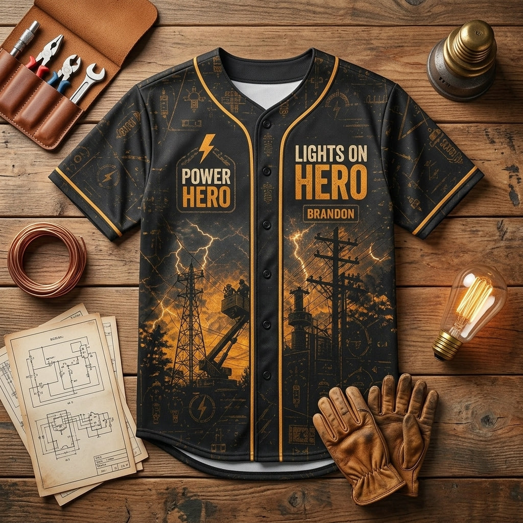 Personalized Lineman Baseball Jersey - Custom Name Lights On Hero Electrical Worker Apparel