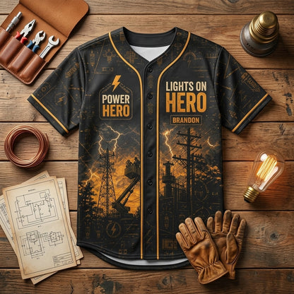 Personalized Lineman Baseball Jersey - Custom Name Lights On Hero Electrical Worker Apparel