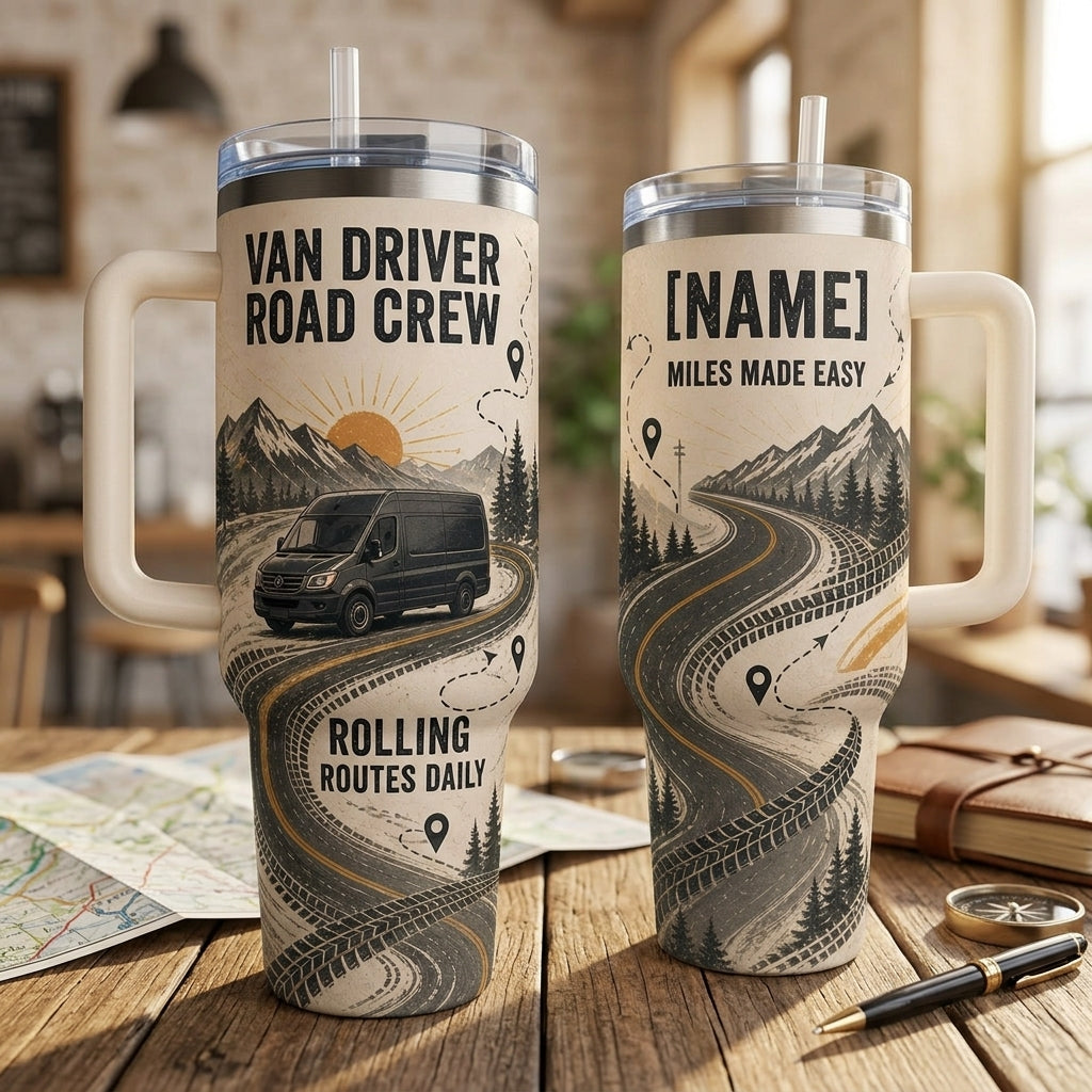 Personalized Van Driver Road Crew 40oz Tumbler with Handle - Custom Name Delivery Driver Gift