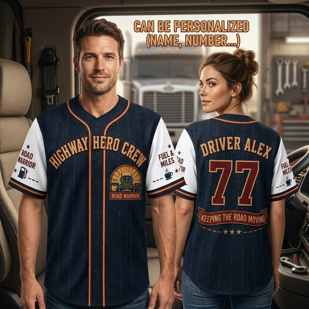Personalized Highway Hero Crew Baseball Jersey - Custom Name & Number Trucker Road Warrior Shirt