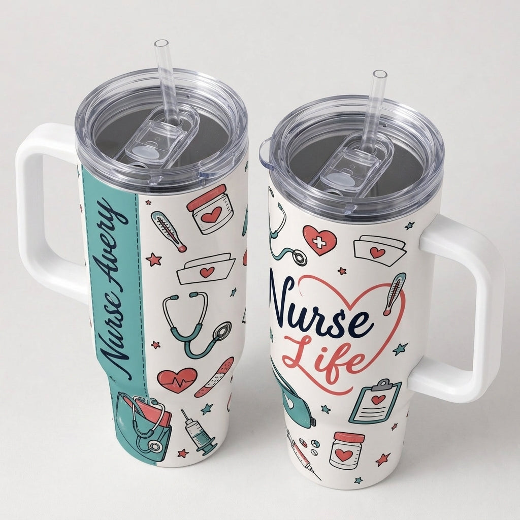 Personalized Nurse Life 40oz Tumbler with Handle - Custom Name Healthcare Gift for Nurses & Nursing Students