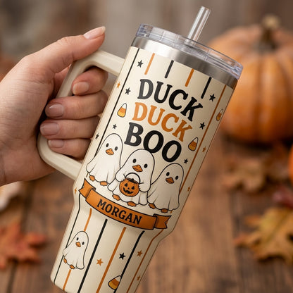 Personalized Duck Duck Boo 40oz Tumbler with Handle - Custom Halloween Ghost Ducks Travel Mug
