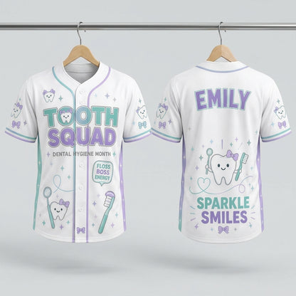 Personalized Tooth Squad Baseball Jersey Custom Name Dental Hygienist Gift Sparkle Smiles Jersey