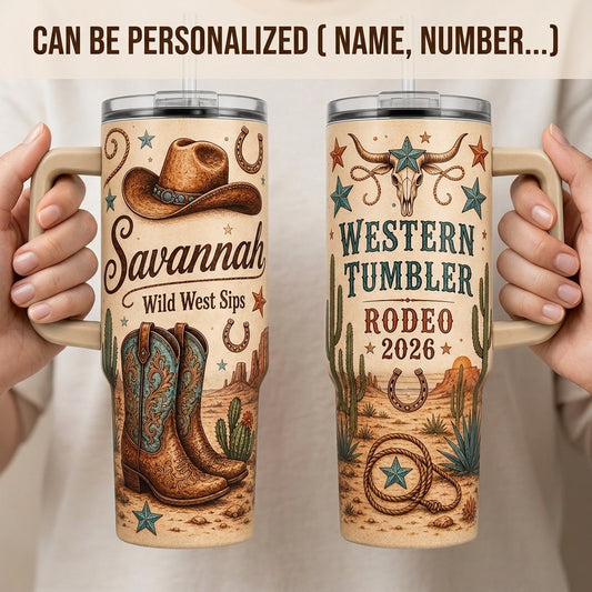 Personalized Western Cowboy 40oz Tumbler with Handle - Custom Name Rodeo Gift