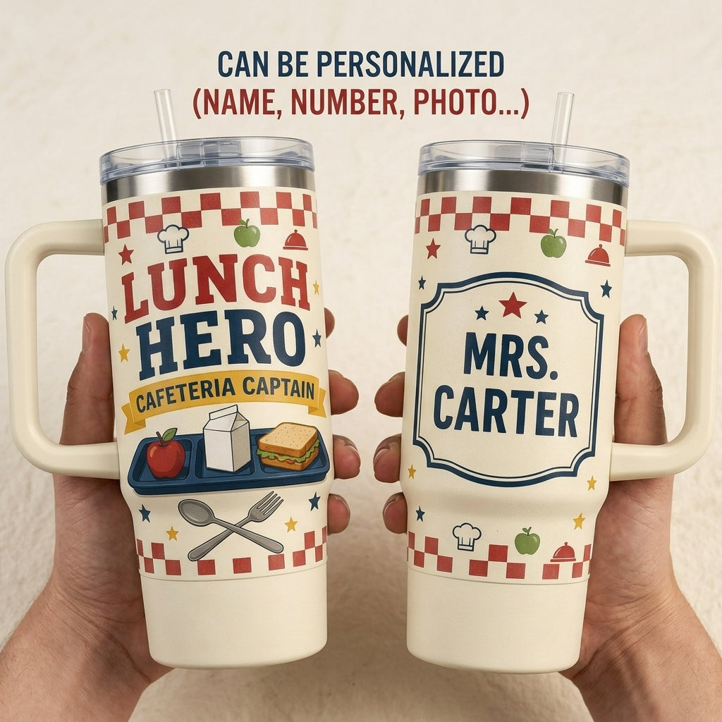 Personalized Lunch Hero 40oz Tumbler with Handle - Custom Name Cafeteria Captain Gift