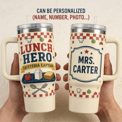 Personalized Lunch Hero 40oz Tumbler with Handle - Custom Name Cafeteria Captain Gift