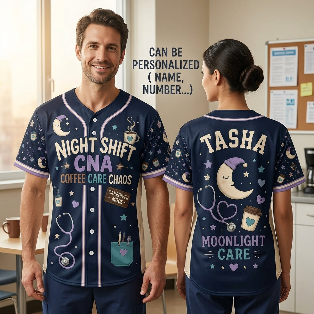 Personalized Night Shift CNA Baseball Jersey - Custom Name Coffee Care Chaos Moonlight Care Shirt